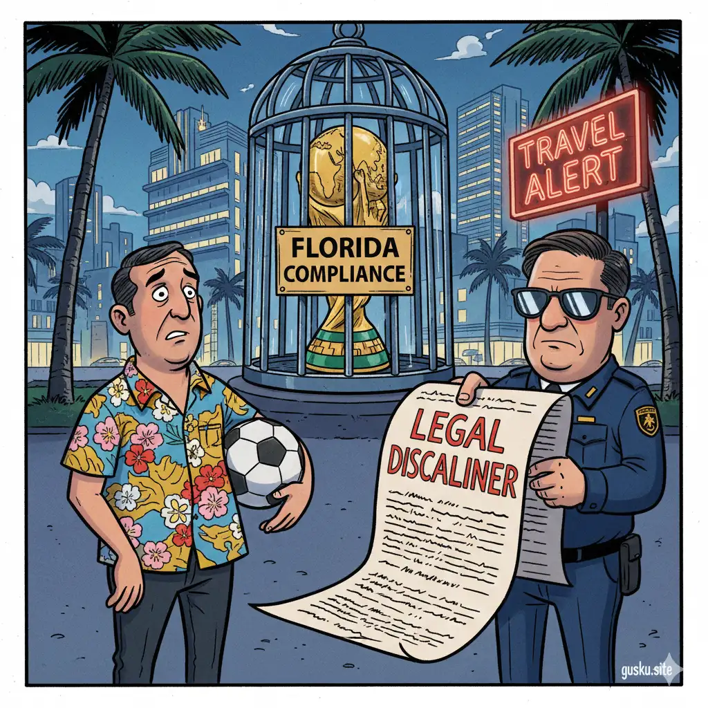 Satirical illustration of the Florida travel alert for the 2026 FIFA World Cup.