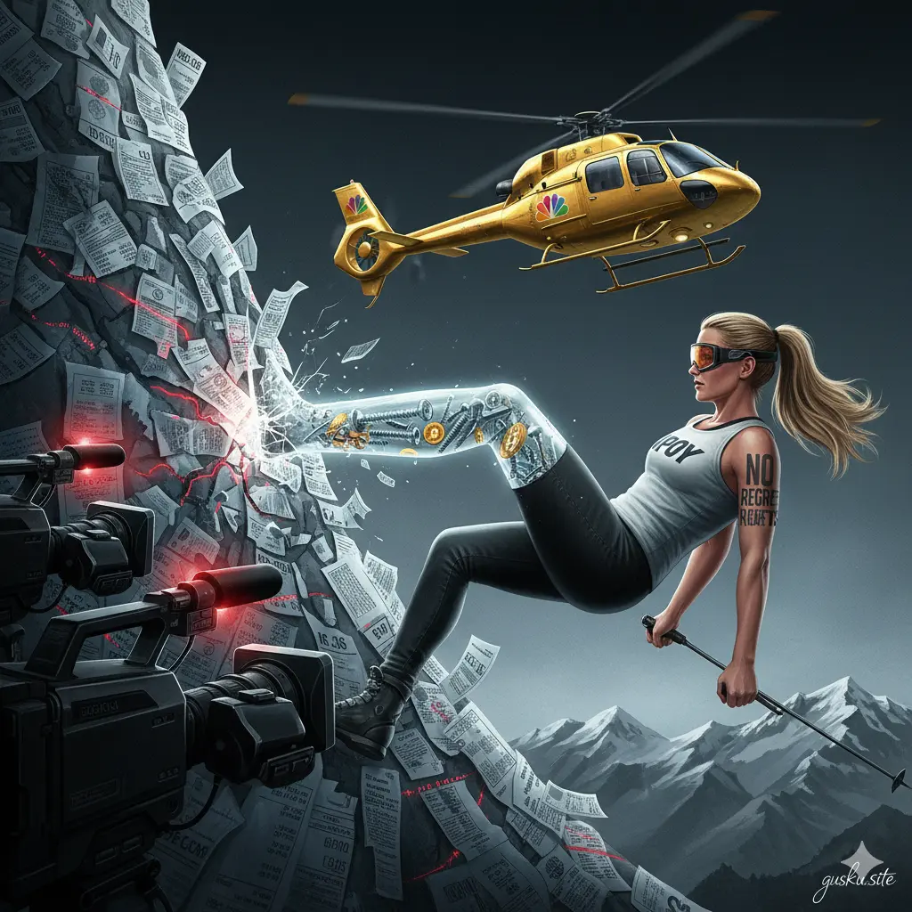 Satirical illustration of Lindsey Vonn’s 2026 Olympic crash, highlighting the intersection of extreme injury, corporate branding, and the "no regrets" athlete narrative.