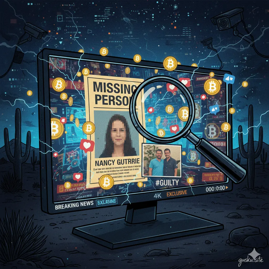 Editorial satire caricature of a 2026 news screen showing Nancy Guthrie's missing poster, layered with Bitcoin icons, social media notification bubbles, and a magnifying glass pointing at a family photo. The background shows the Tucson desert under a dark, static-filled sky. Signature: gusku.site.