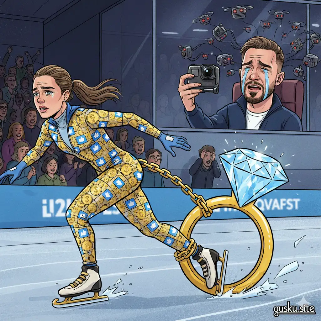 A satirical editorial illustration titled "The Olympic Content Farm." In the foreground, speed skater Jutta Leerdam is captured in a racing pose on the ice, but her skinsuit is patterned with gold dollar signs and social media "Like" icons. She is dragging a massive, glowing diamond engagement ring attached to her ankle by a heavy golden chain. In the background, from a VIP commentary booth, a caricature of Jake Paul is seen sobbing theatrically while holding a GoPro to film his own face, surrounded by a swarm of invasive camera drones. The bottom right corner features the "gusku.site" signature. The image critiques the intersection of elite sports achievement and aggressive influencer branding during the 2026 Winter Olympics.