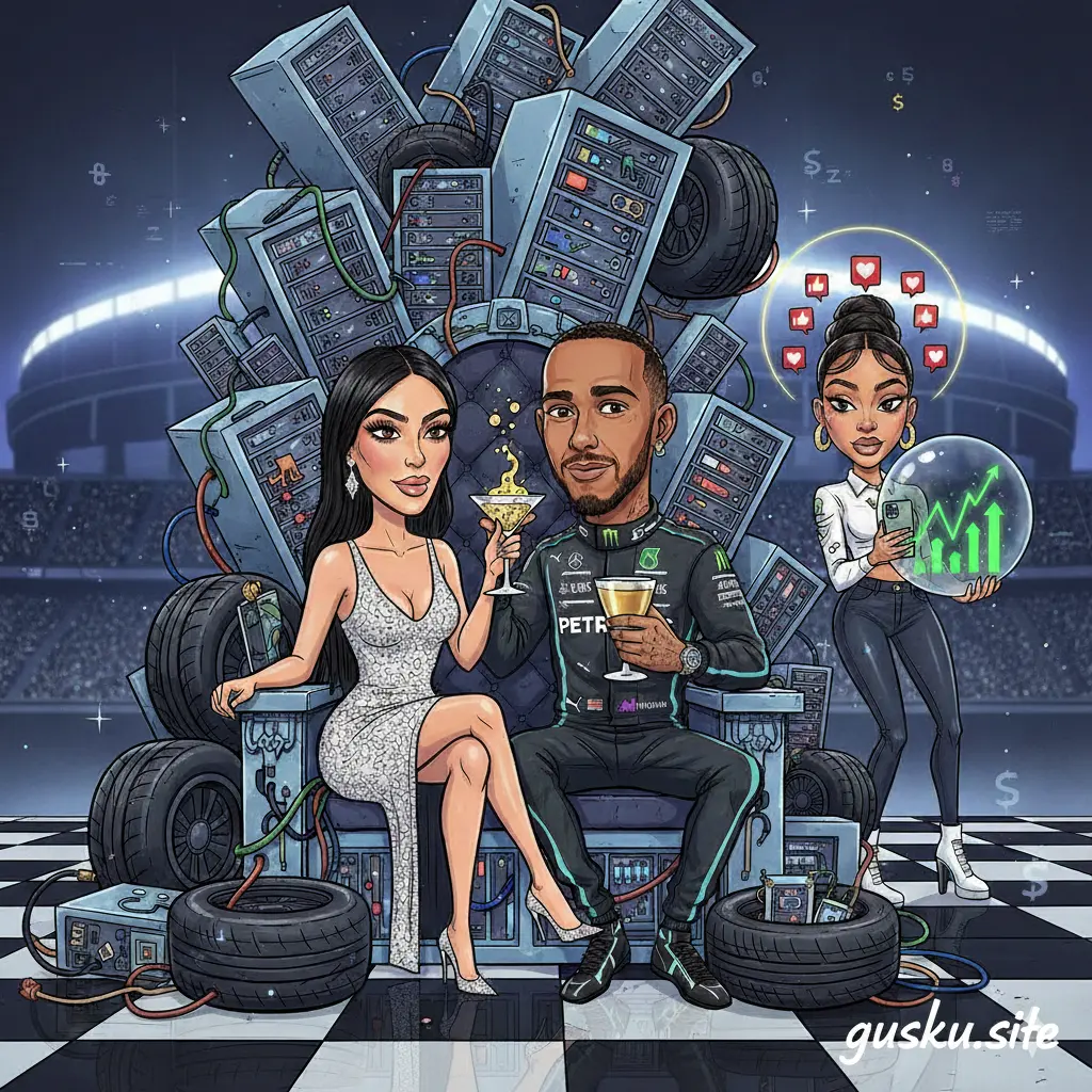"Satirical editorial caricature of Kim Kardashian and Lewis Hamilton seated on a bionic throne made of server racks and Formula 1 tires, symbolizing a corporate brand merger. Alix Earle stands nearby holding a crystal ball with rising stock market charts. The scene is set in a Super Bowl stadium with the signature 'gusku.site' at the bottom right."